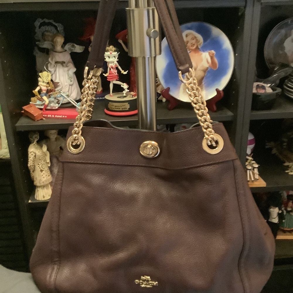 Coach Women's Leather Tote Bag in Dark Brown with Gold Hardware